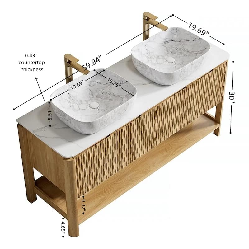 Freestanding Bathroom Vanity in Natural Wood with Carrara White Sintered Stone Top and Vessel Ceramic Basin
