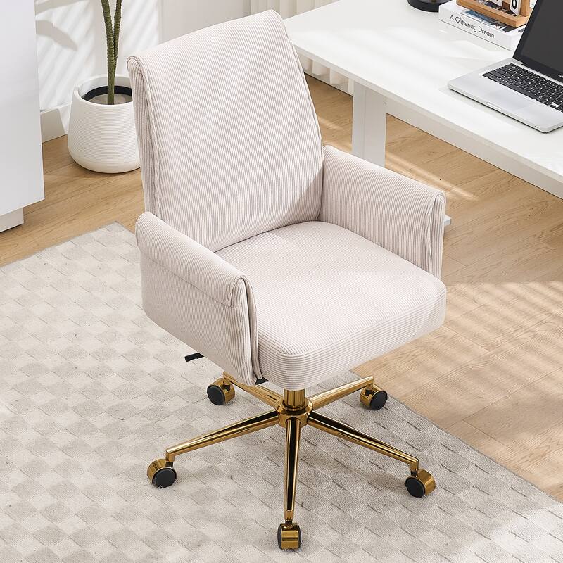 Corduroy Swivel Office Chair with Wheels, Ergonomic High Back Task Chair, Upholstered Accent Chair with Adjustable Height - White