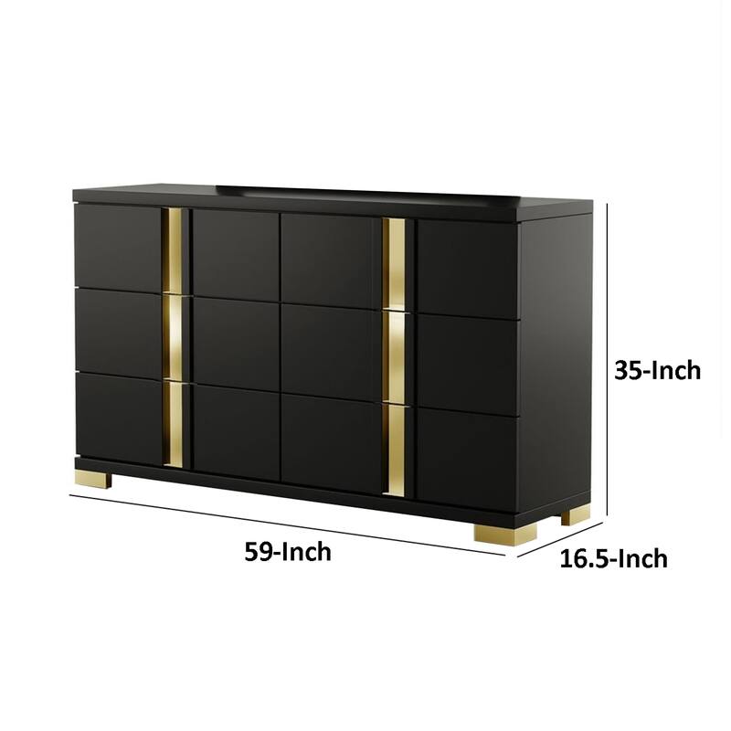 Yoki Wide Dresser, 6 Drawers, Modern Glam Black and Gold