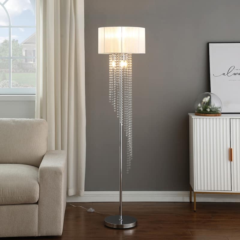 66" Clear And Silver Crystal And Metal Floor Lamp With White Linen Drum Shade - 15.75" x 15.75" x 65.75"