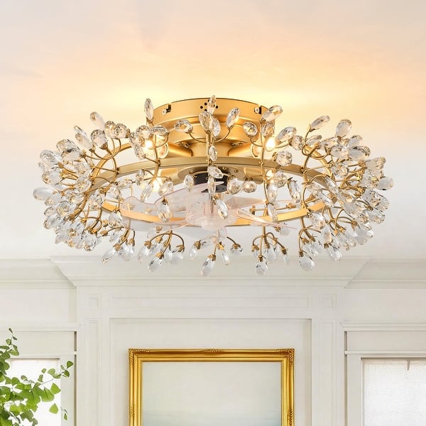 slide 2 of 13, 23" Contemporary Gold 4-Light Crystal Low-Profile Flush Mount Ceiling Fan with Remote