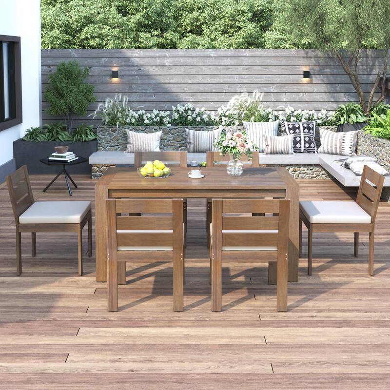 7 Piece Outdoor Dining Table and Chair Set, Acacia Wood Patio Furniture Set with Rectangular Table and 6 Dining Chairs