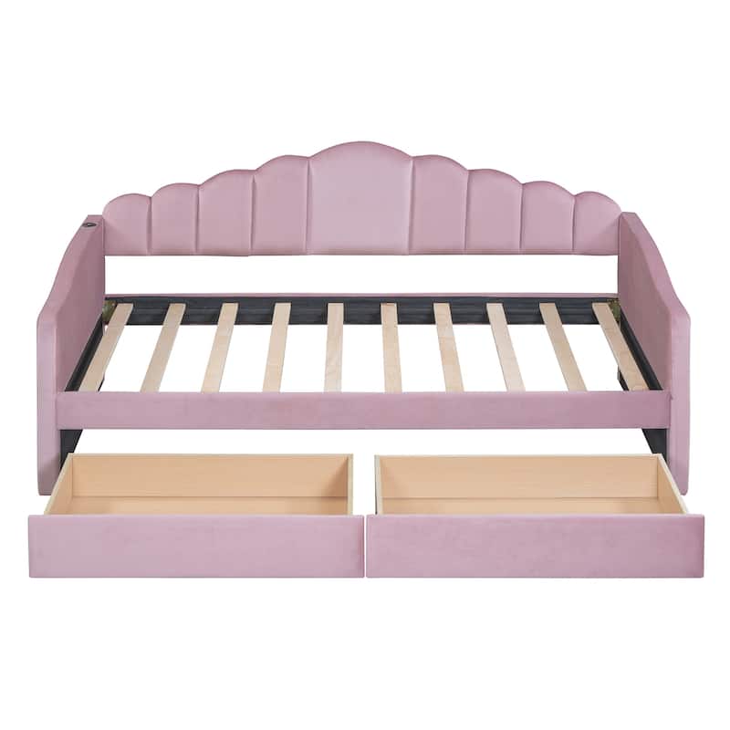 Twin Size Velvet Upholstered Daybed with 2 Drawers and USB Charging Ports