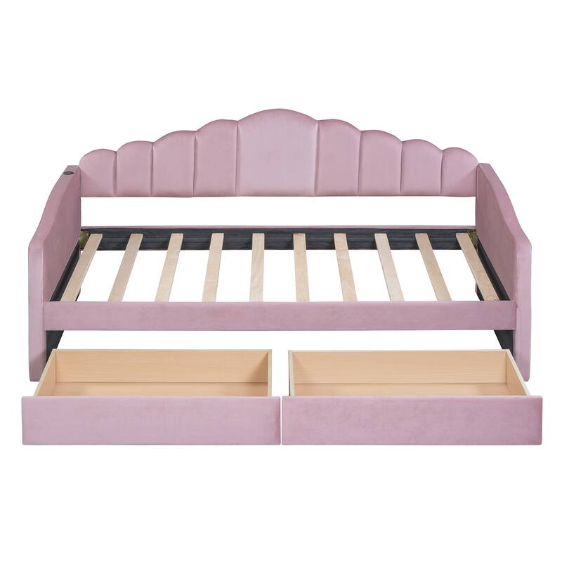 Velvet Twin Daybed with Storage Drawers and USB Ports, No Box-Spring Needed