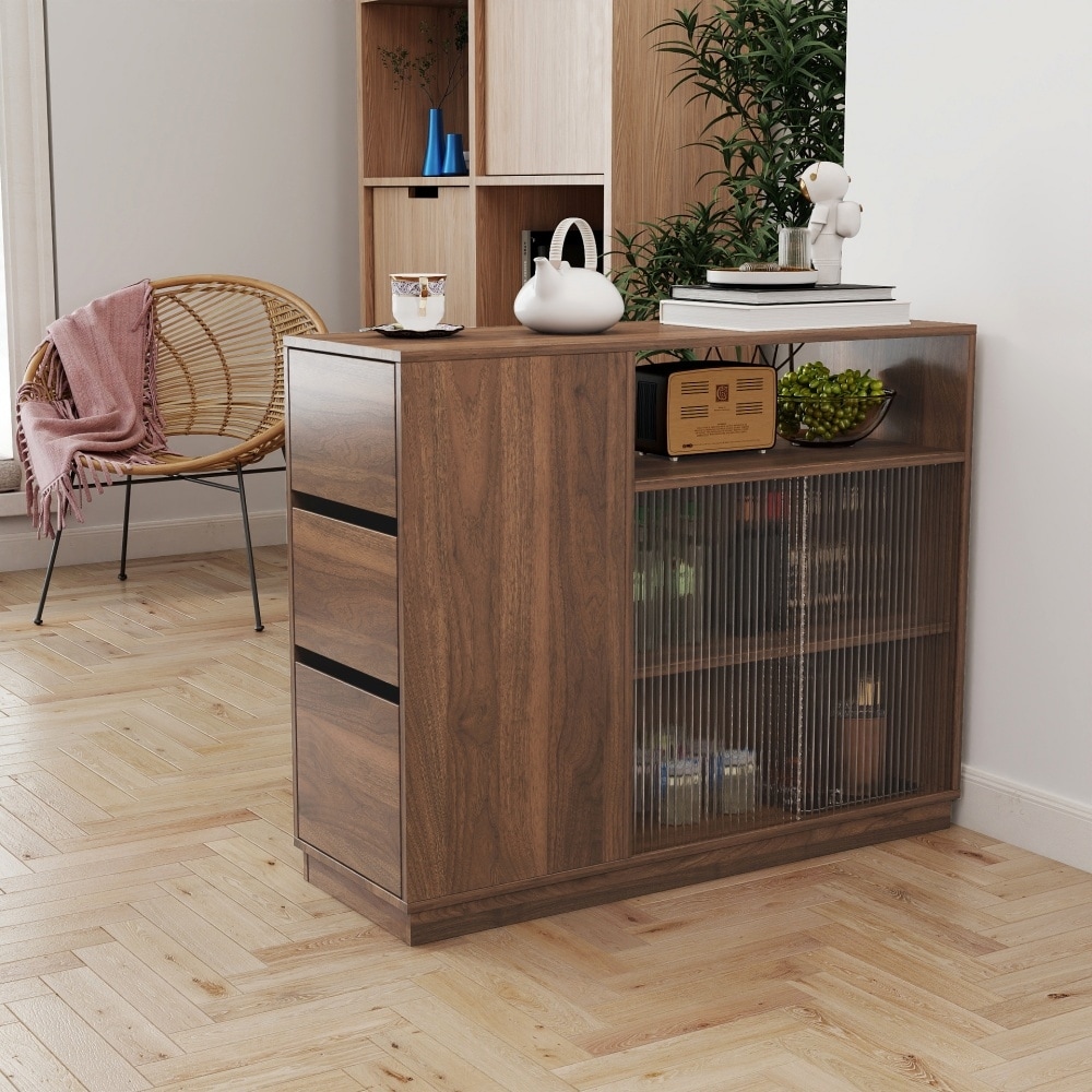 39.37" Kitchen Cabinet Sideboard Storage with 2 Glass Sliding Doors and 3 Drawers