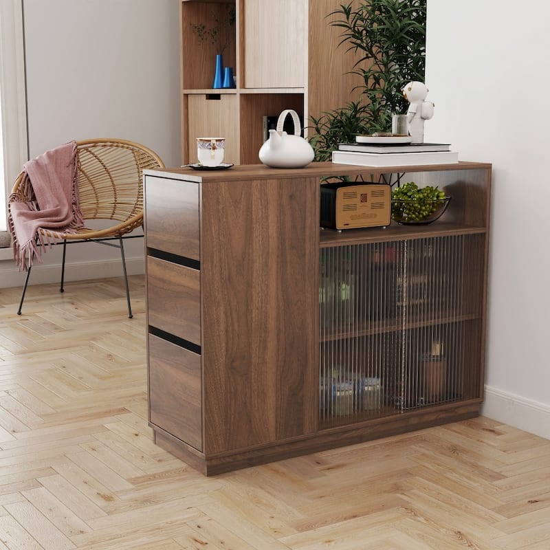 39.37" Kitchen Cabinet Sideboard Storage with 2 Glass Sliding Doors and 3 Drawers - Walnut
