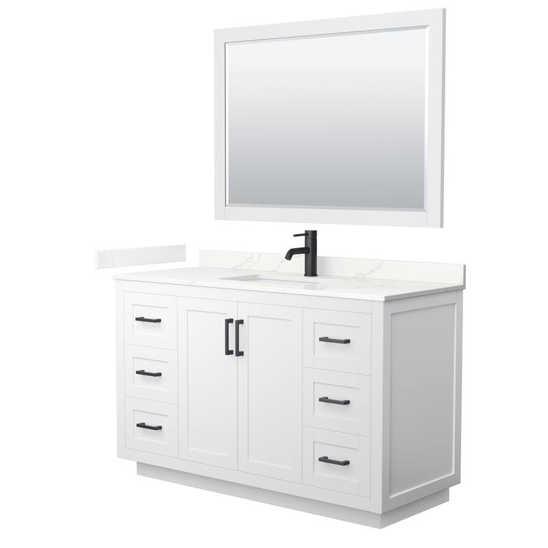 Miranda 54-inch Single Vanity, Quartz Top, 46-inch Mirror - White, Black Trim, Giotto Quartz Top