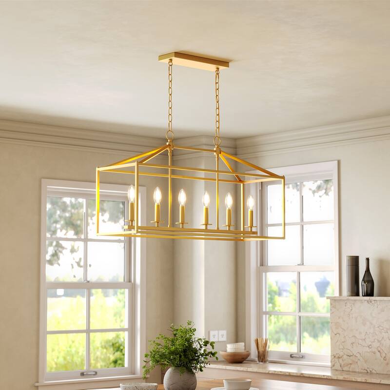 56.7in 6-Light Linear Chandelier with Caged Metal Shade, Height Adjustable