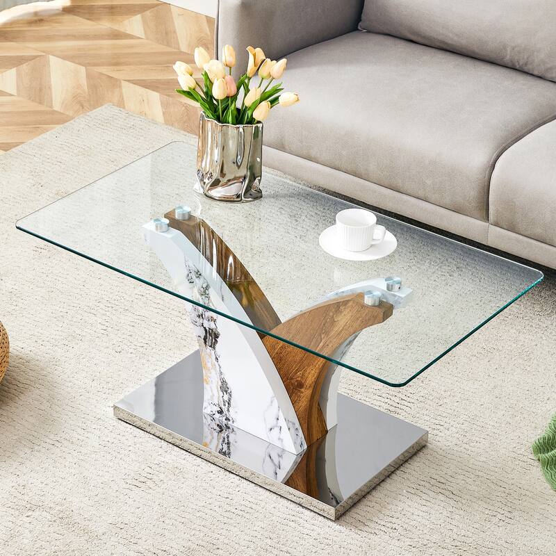 Roomfitters Glass Coffee Table with White and Wood MDF Legs, Rectangular Center Table for Dining or Living Spaces, White+Wood