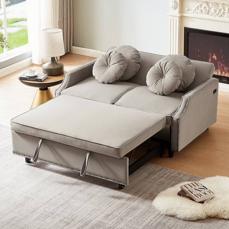Loveseat Sofa Bed with Adjustable Button Tufted Backrest, 2 USB Ports and 4 Pillows