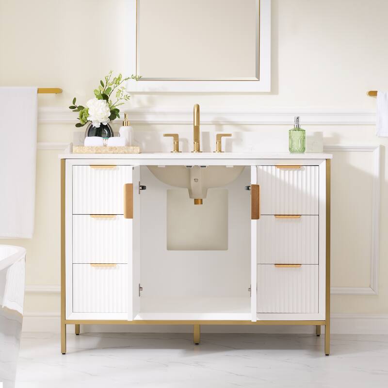 35''H Solid Wood Bathroom Vanity With Carrera White Quartz Top and Sink,White