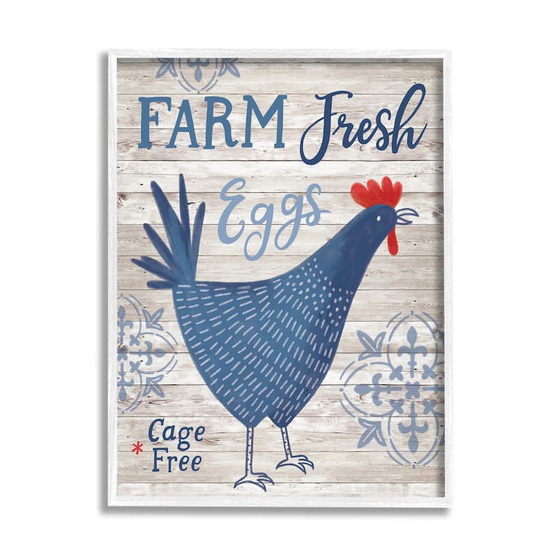 Stupell Farm Fresh Eggs Blue Rustic Chicken Planked Pattern Framed Wall Art, Design by Nina Seven - 24 x 30 - White