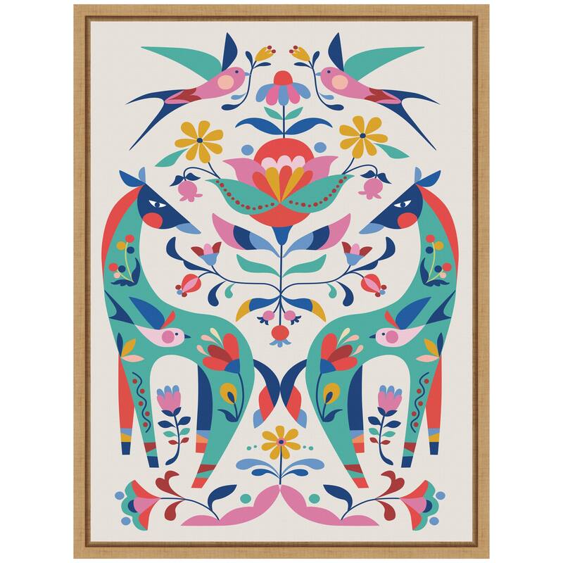 Kate and Laurel Sylvie Folk-art Horses and Birds Framed Canvas by Rachel Lee