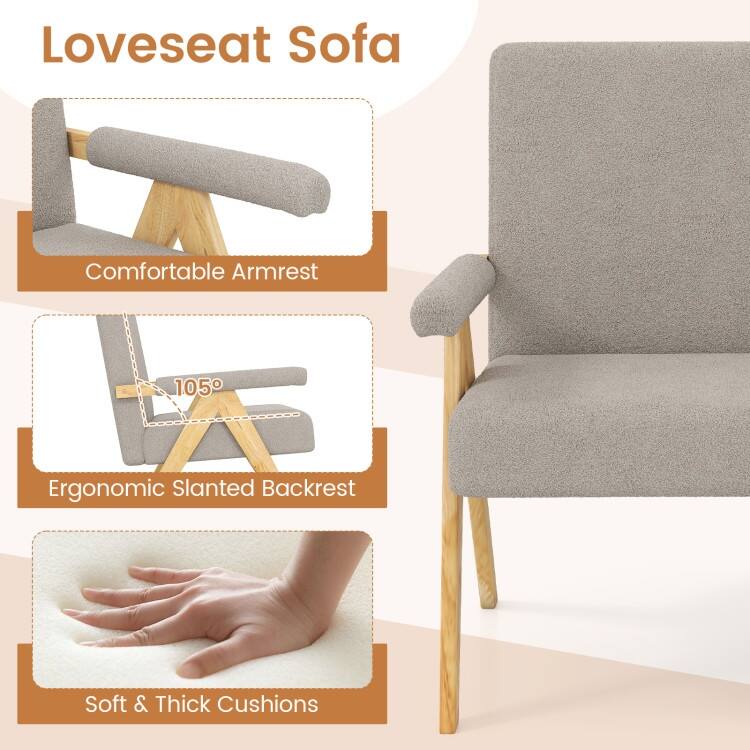 Sherpa Fabric Rubber Wood Loveseat Sofa with Cushions and Ergonomic Design - 47" x 29" x 36"