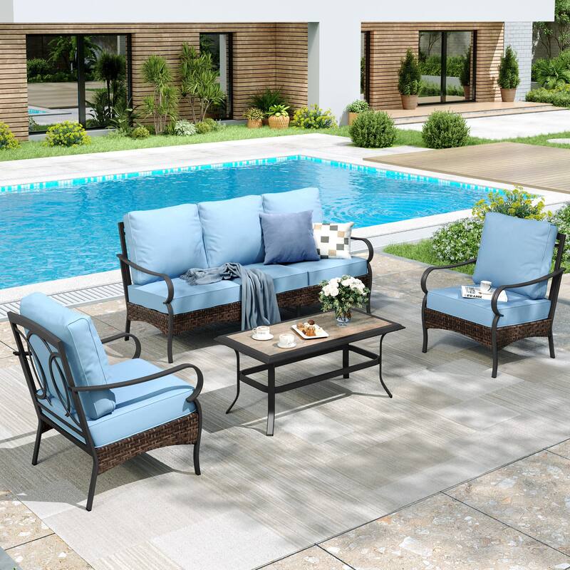 MAISON ARTS 4-Piece Rattan Wicker Patio Furniture Set with Swivel Chairs and Coffee Table for Outdoor Spaces - Fixed Chair - Blue