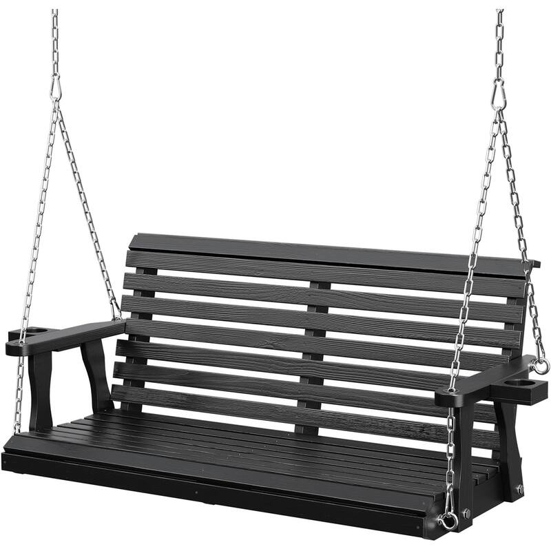 2-Seat Outdoor Wooden Porch Swing Bench with Hanging Chains & Wide Armrests & Cup Holder