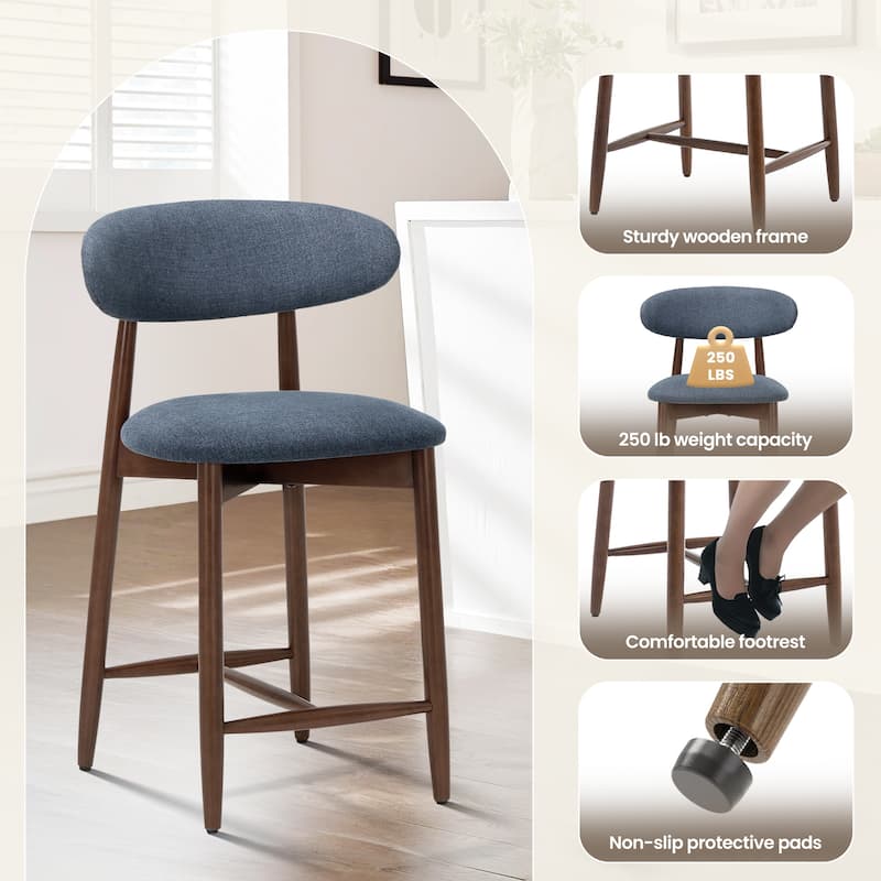RENEWLINE Mid-Century Modern Upholstered Bar Stools with Backrest - Solid Wood Legs Counter Height Stools