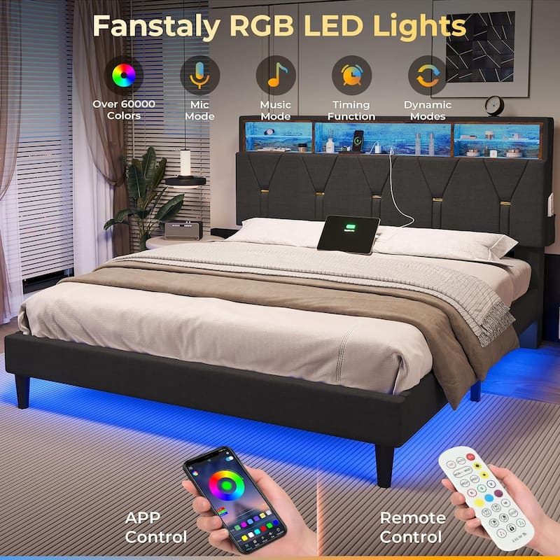 Bed Frame Storage Headboard RGB LED Lights Upholstered Platform