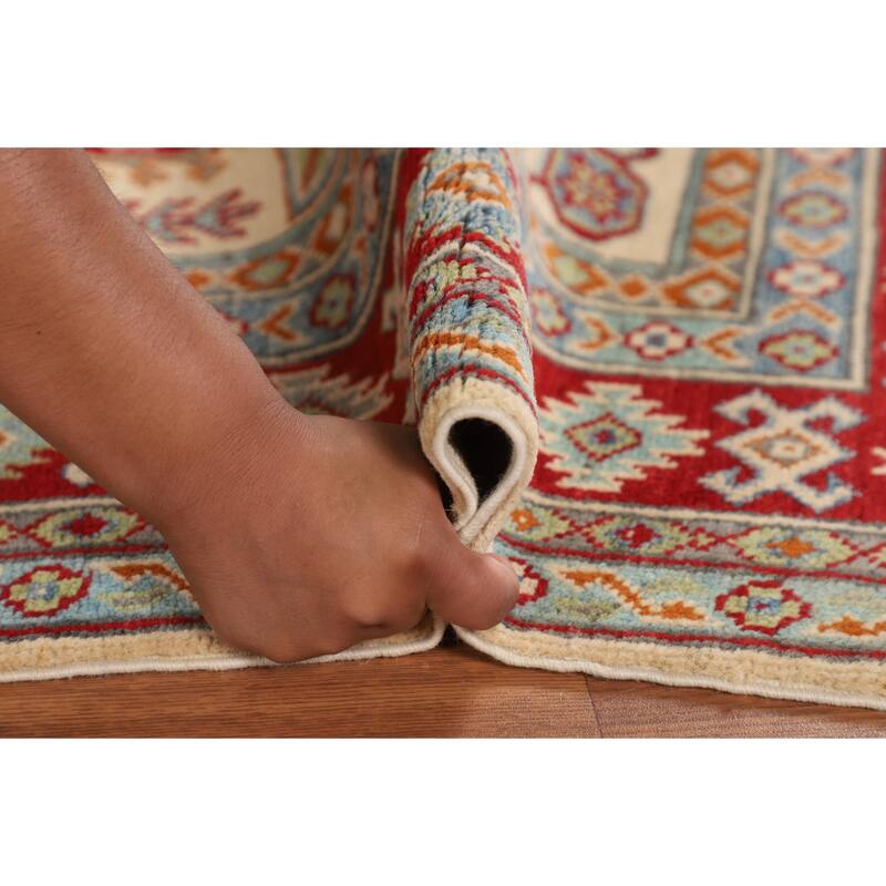 Geometric Beige Kazak Accent Rug Hand-Knotted Oriental Wool Carpet - 3'4" x 4'9"