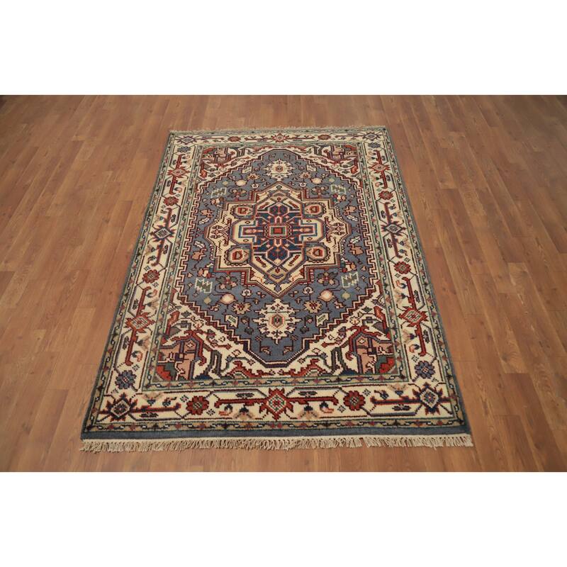 Hand Knotted Oriental 100% Wool Carpet Traditional Medallion Greys & Charcoal Heriz (serapi) Area Rug - 5' 9'' X 4' 1''