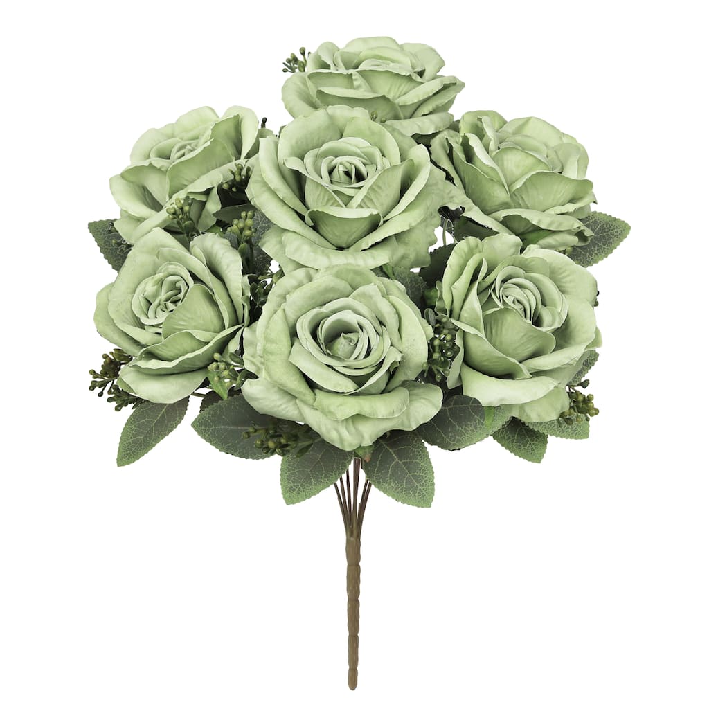 Set of 2 Deluxe Sage Green Artificial Elegant Rose Flower Stem Bush Bouquet 17in - 17" L x 10" W x 10" DP
