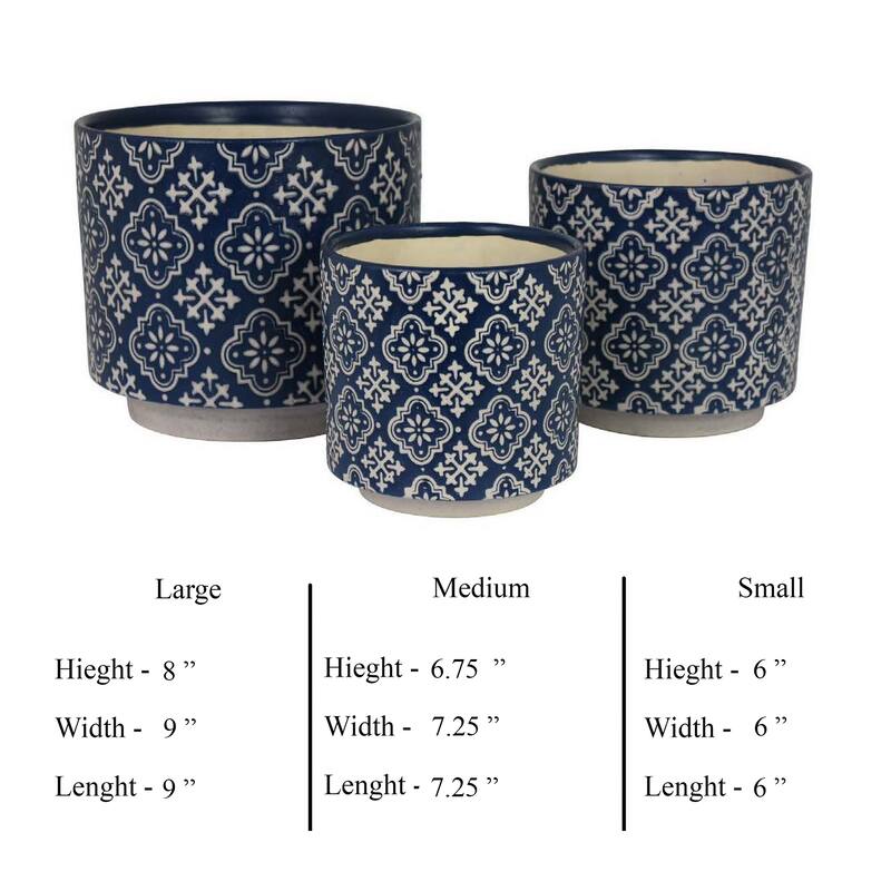 Modern Planter Set of 3, Vintage Floral Motifs, White Blue Ceramic