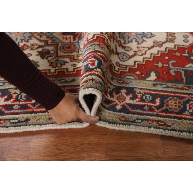 Ivory Geometric Heriz Serapi Oriental Accent Rug Handmade Wool Carpet - 3'0" X 4'11"