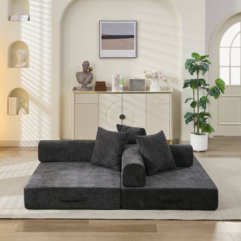 GDFStudio - Comfy Convertible Chenille Folding Mattress Sofa Bed with Armrests for Living Room and Bedroom
