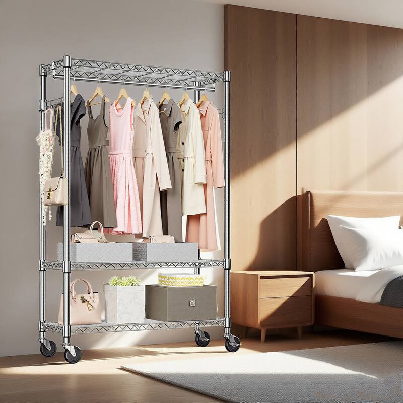 Heavy Duty Garment Rack on Wheels, Rolling Freestanding Closet Organizer and Clothes Rack with Adjustable Metal Wardrobe