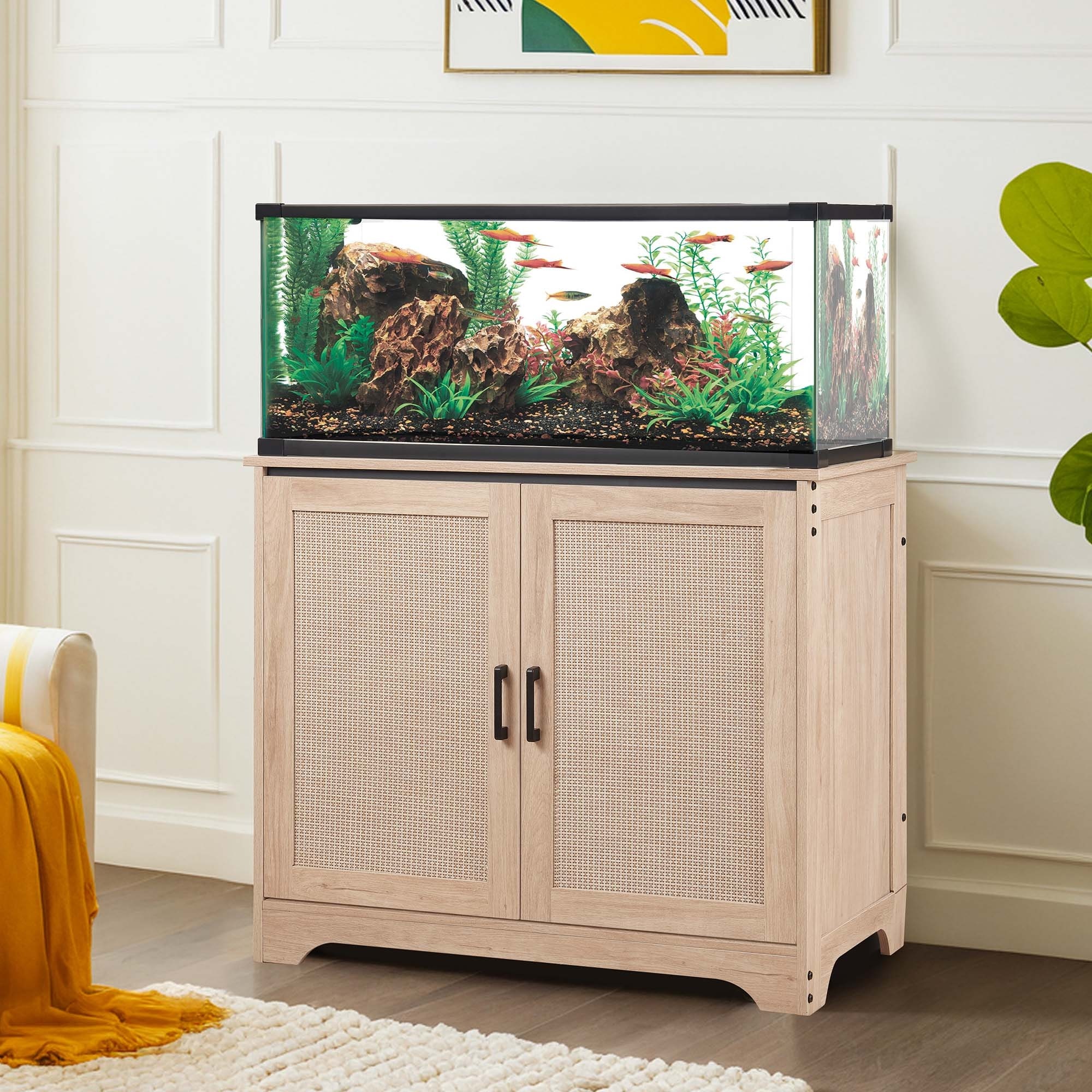 30-50 Gallon Aquarium Stand with Storage Cabinet and Rattan Doors for Fish Tanks and Terrariums