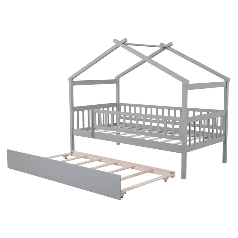 Twin Pine House Bed with Trundle, Guardrail & Roof