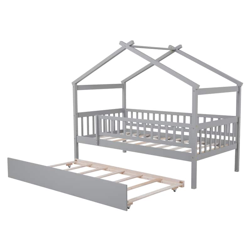 Wooden Twin/Full House Bed with Trundle and Headboard, Sky Roof Design, Durable Pine Wood
