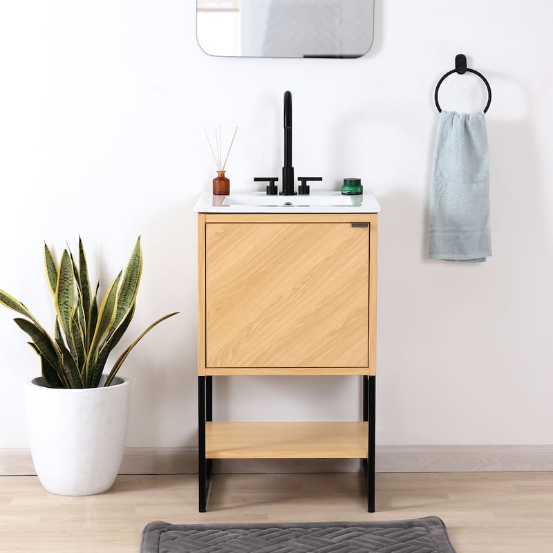 Juhl Chevron-Front Modern Minimalist 2-Shelf Bath Vanity Cabinet Only (Sink Basin Not Included), By JONATHAN Y - Oak - 20"W x 18"D x 33"H