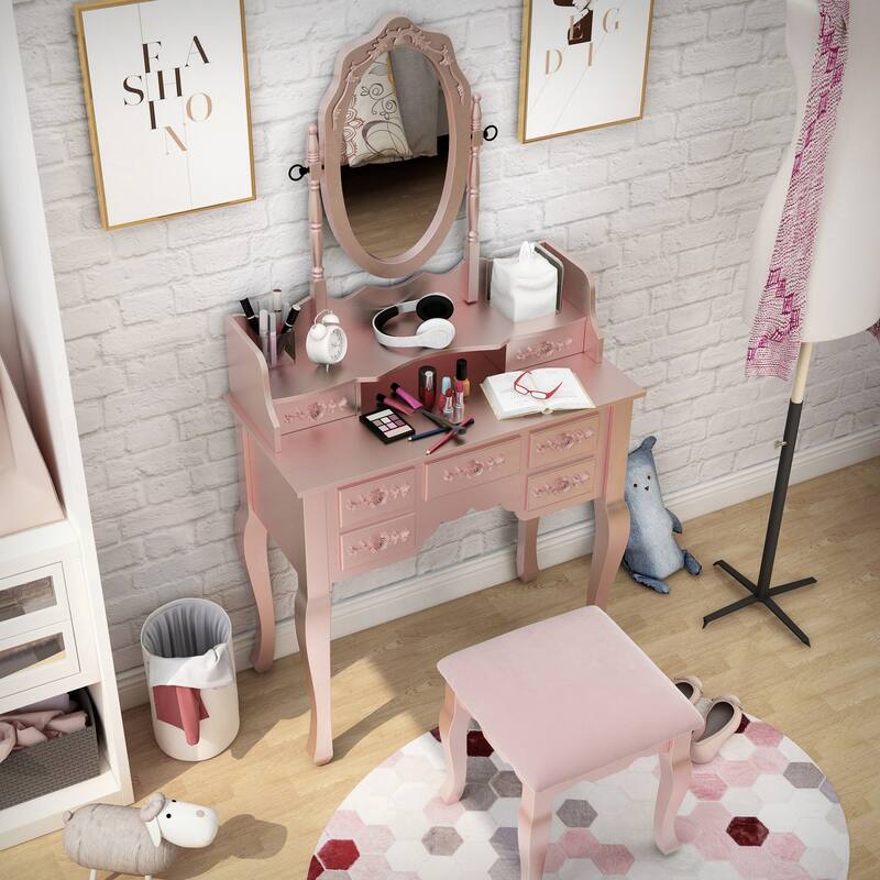 Pontoppidan Glam Wood 2-Piece Makeup Vanity Table and Stool Set by Silver Orchid
