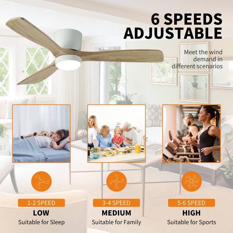 52 inch Wood Ceiling Fans with Lights and Remote, Modern Flush Mount Low Profile Ceiling Fan with Light, 6 Speed