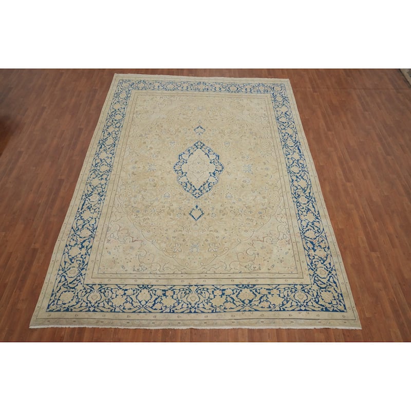 Hand Knotted Oriental 100% Wool Carpet Traditional Floral Beige & Ivories Kerman Area Rug - 13' 9'' X 9' 7''