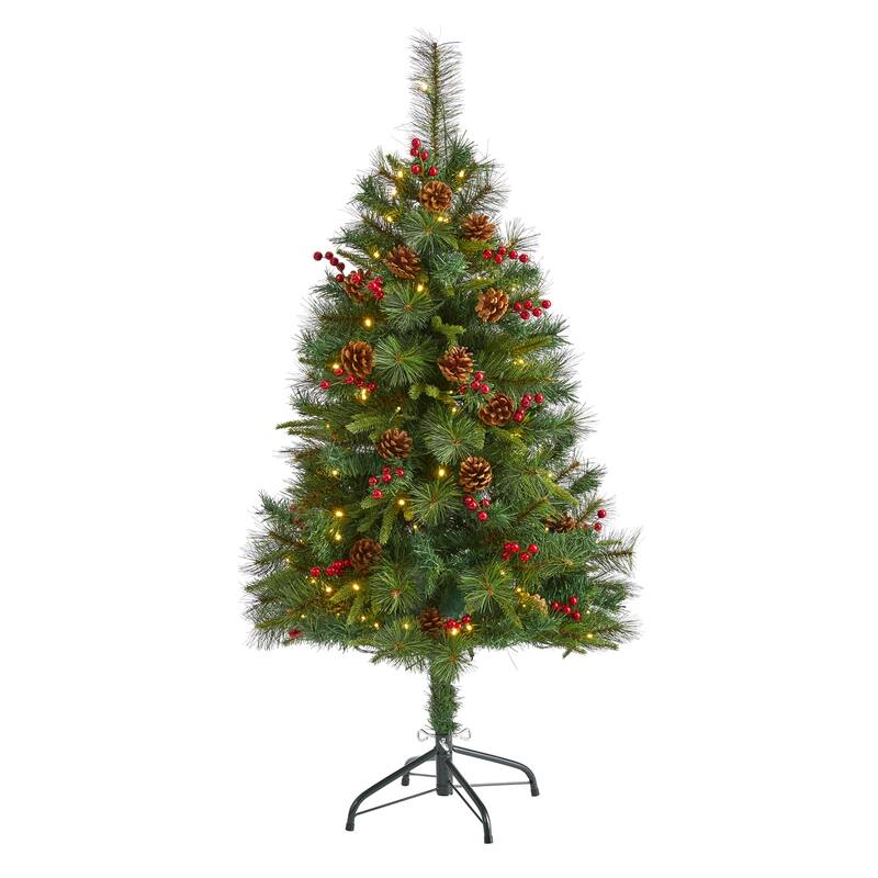 4ft Pre-Lit Artificial Christmas Tree - Holiday Decor with Lights & Berries - Green - 50