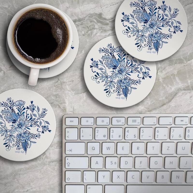 Blue & White Floral Round Absorbent Stone Coaster 4 Pack with Protective Cork Backing. Manufactured in The USA