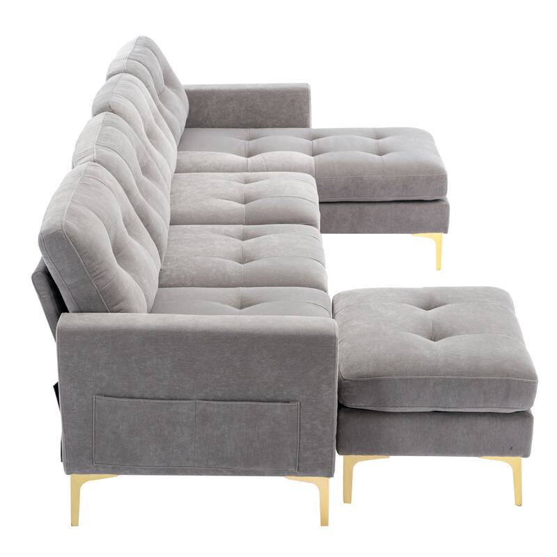 L Shaped Convertible Sectional Sofa with Ottoman, Velvet Fabric 5 Seater Sofa, Upholstered Sofa with Chaise & Storage Pockets