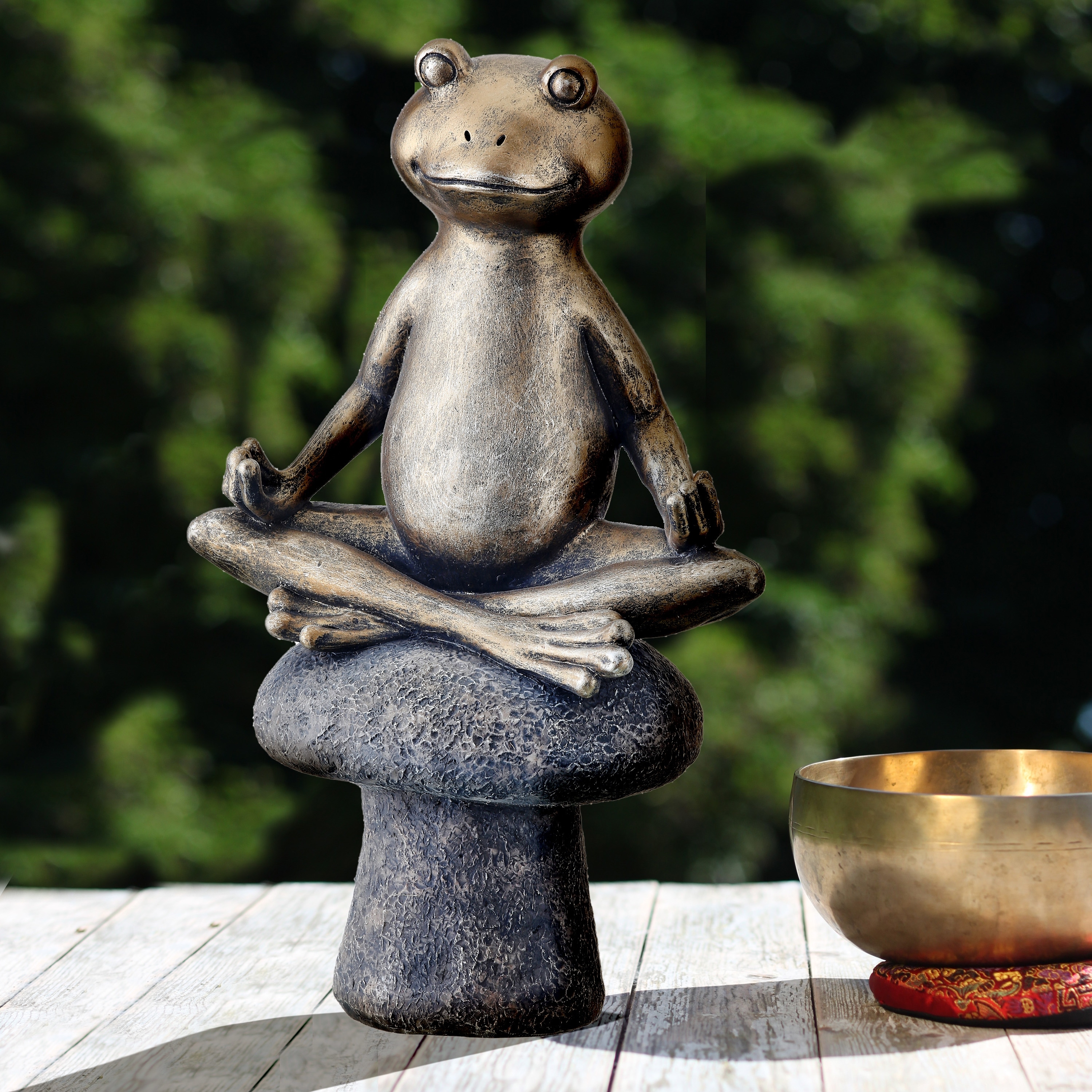 Resin Yoga Frog On Mushroom 10"