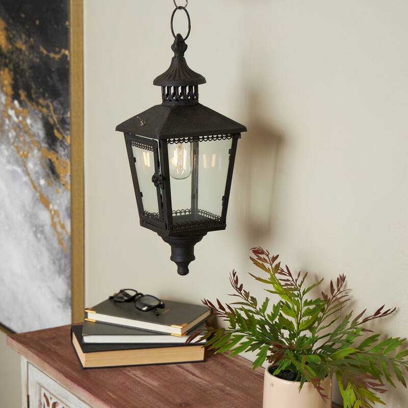 Metal Light House Style Decorative Candle Lantern with Ring Handle - Black - Roche River Decor - 7"W x 7"L x 16"H