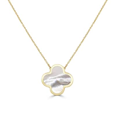Italian Gold 14K Yellow Gold Mother of Pearl Single Clover Necklace 15mm Pearl Size 16-18 Inch Chain 2.20 grams