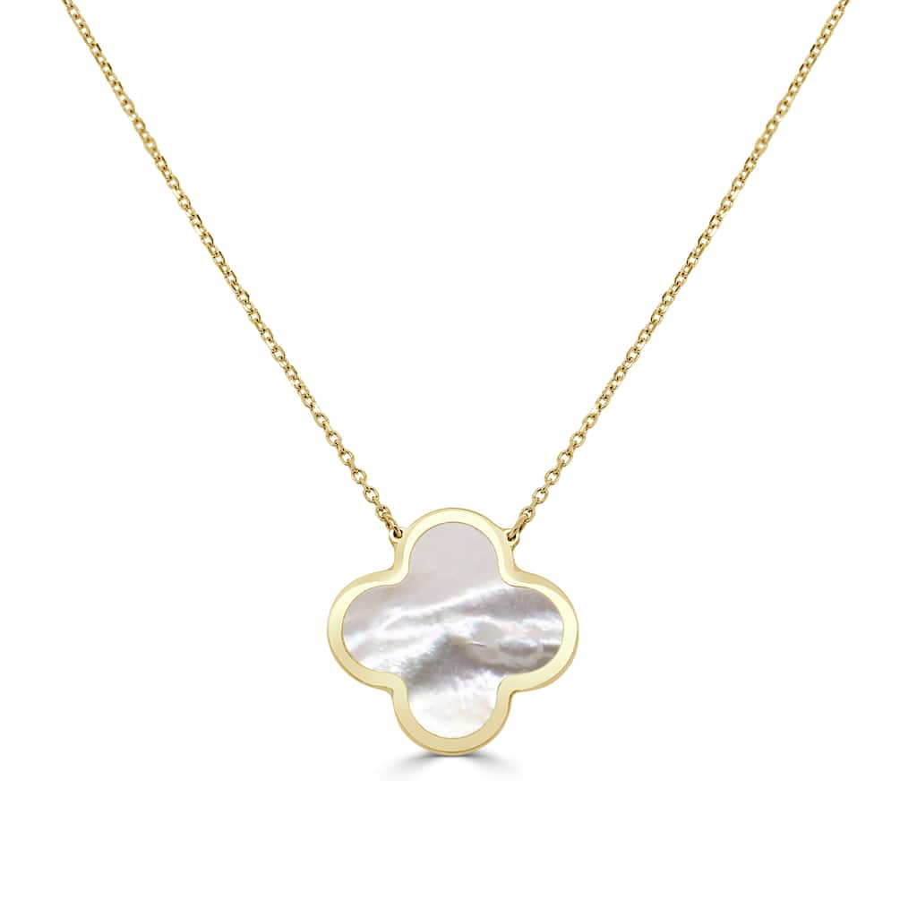 Italian Gold 14K Yellow Gold Mother of Pearl Single Clover Necklace 15mm Pearl Size 16-18 Inch Chain 2.20 grams