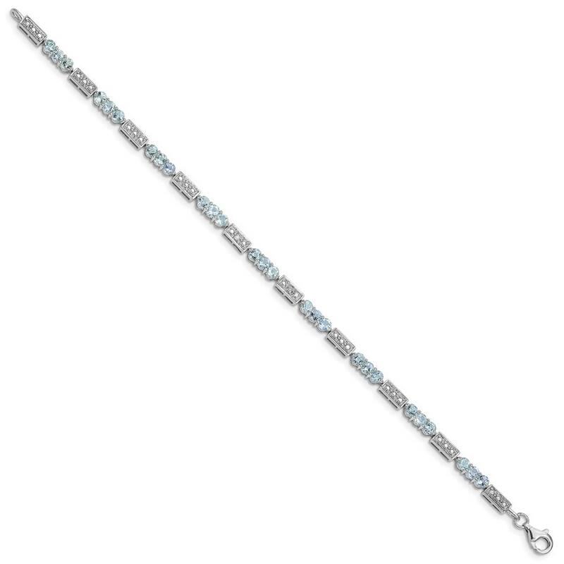 Curata 925 Sterling Silver Textured Polished Fancy Lobster Closure Aquamarine and Diamond Bracelet