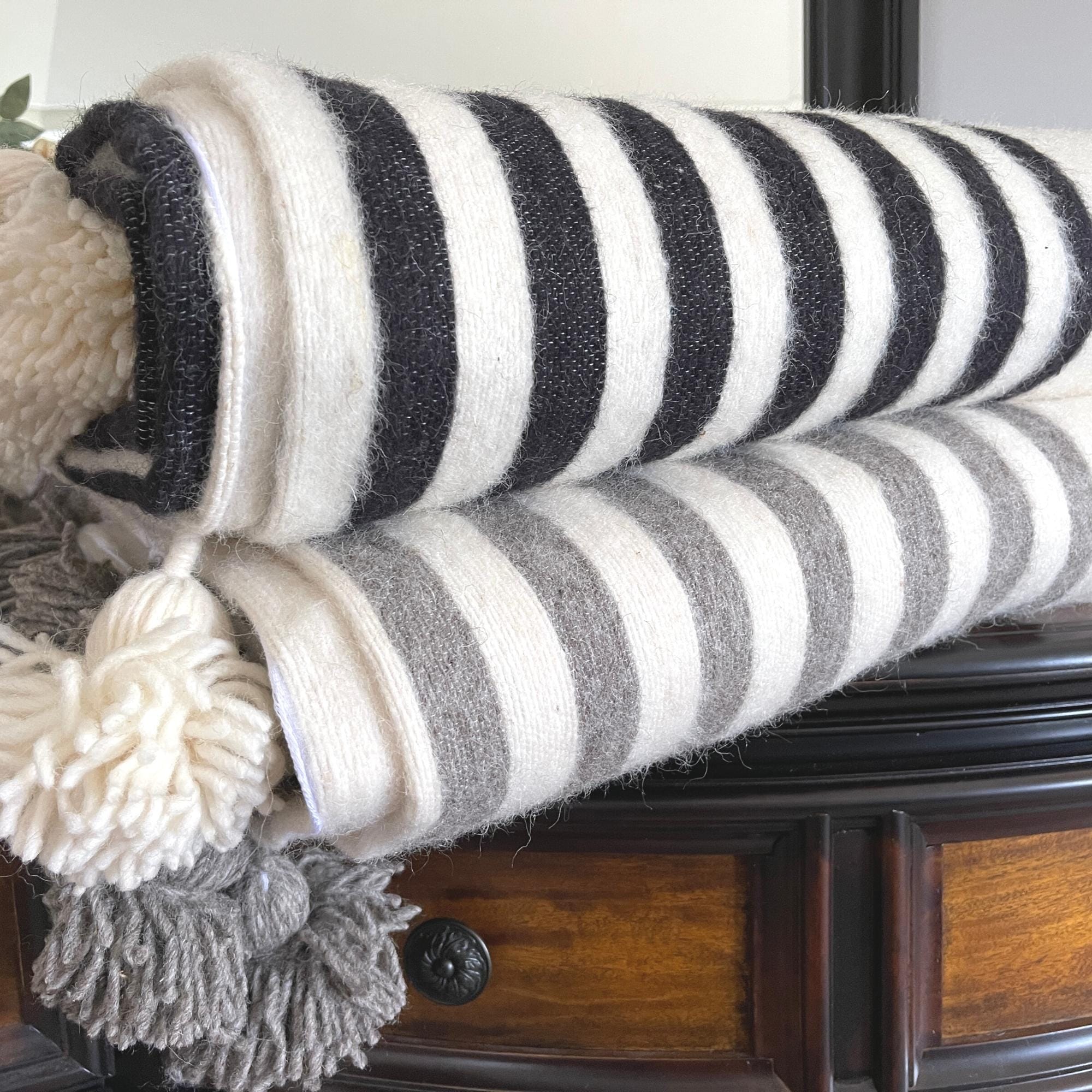 Hand woven Wool Pom Pom Blanket Off White With Stripes Bed Bath