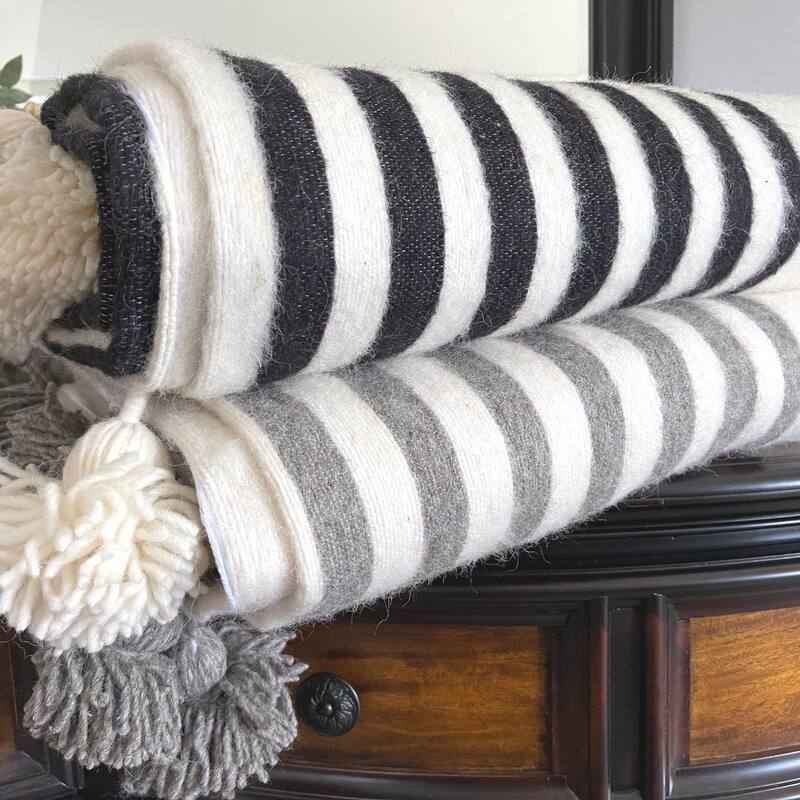 Hand-woven Wool Pom Pom Blanket Off-White With Stripes