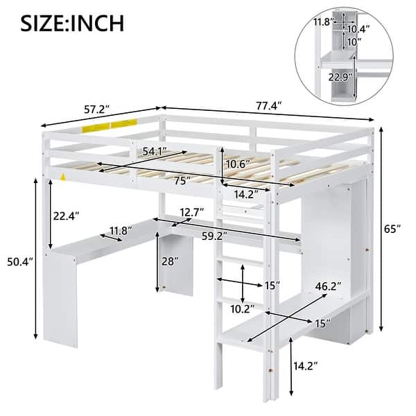 dimension image slide 1 of 2, Full Size Loft Bed with L-shaped Desk,Wardrobe and Storage Shelves