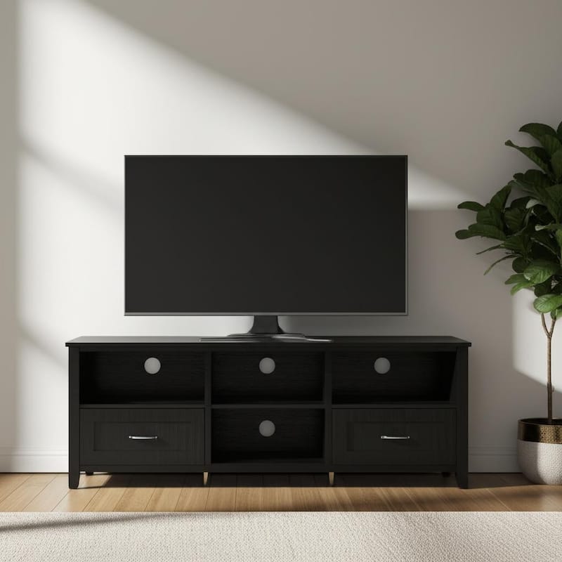 HomeRoots 70" Black Wood Enclosed and Open Storage TV Stand - 70.08 in. x 24.8 in. x 15.35 in. - Black - 70.08 in. x 24.8 in.  x 15.35 in.