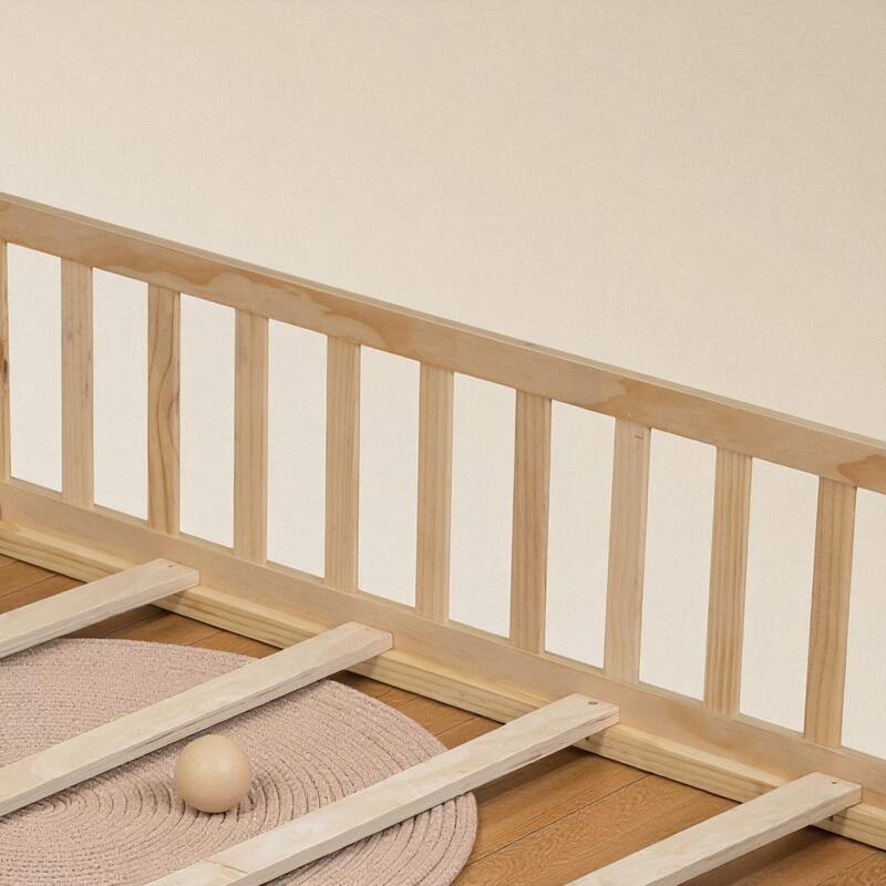 Full Size Montessori Floor Bed with Fence and Door, Solid Wood Platform Bed with Slats for Kids and Toddlers
