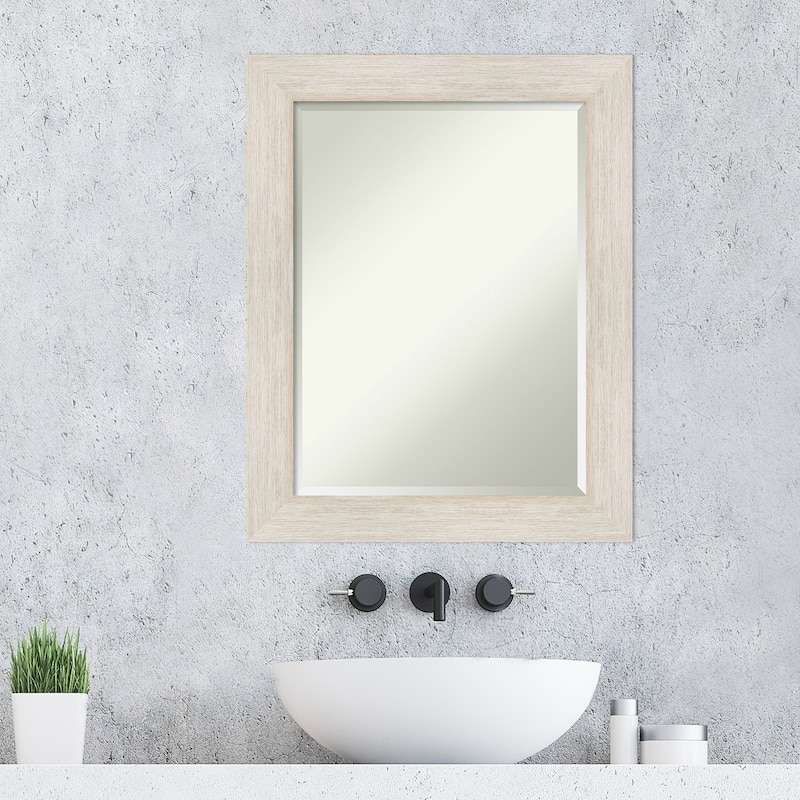 Beveled Wood Bathroom Wall Mirror - Hardwood Whitewash Frame - Hardwood White Wash